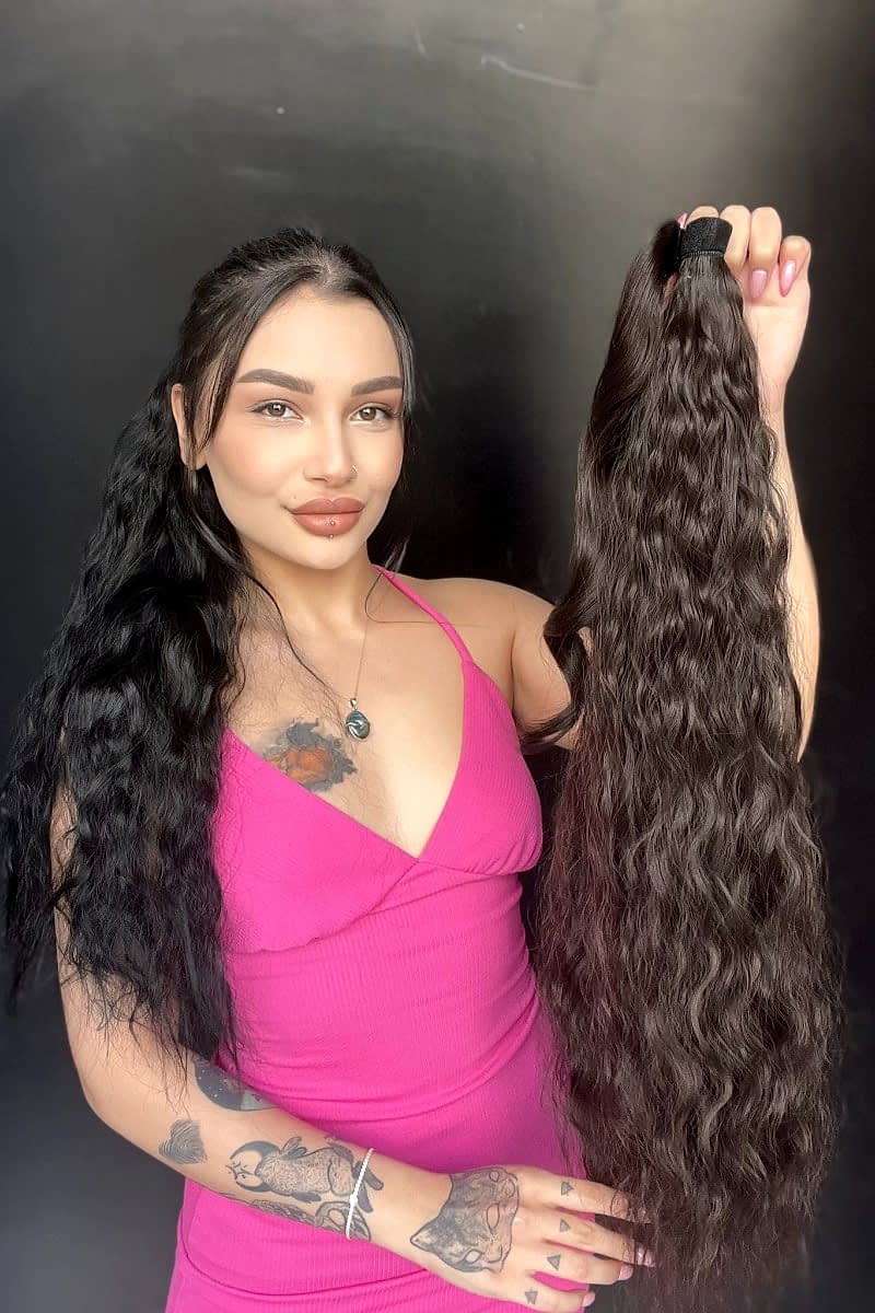 Afro Dalgalı Tak çık At kuyruğu uzun-Doğal görünümlü Koyu Kestane