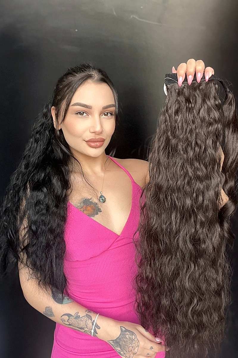 Afro Dalgalı Tak çık At kuyruğu uzun-Doğal görünümlü Koyu Kestane