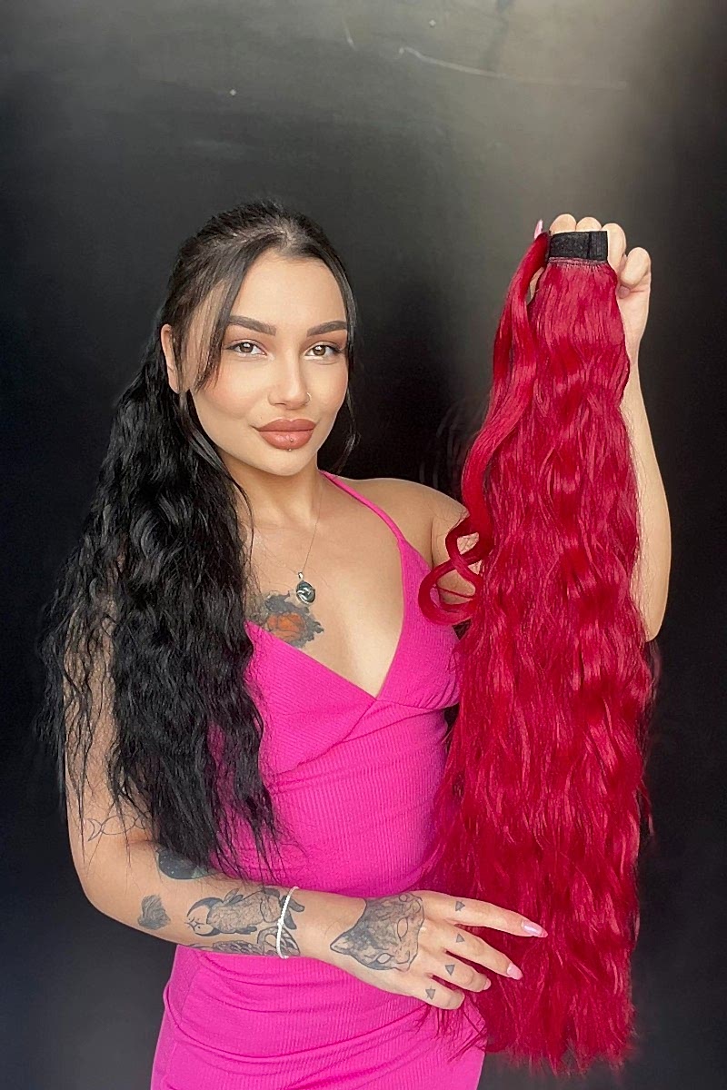 Afro Dalgalı Tak çık At kuyruğu uzun-Doğal görünümlü Canlı kızıl