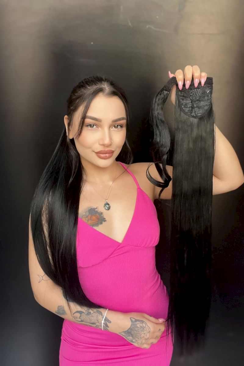 Cırtcırt Bağcıklı Tak çık Düz uzun at kuyruğu Siyah