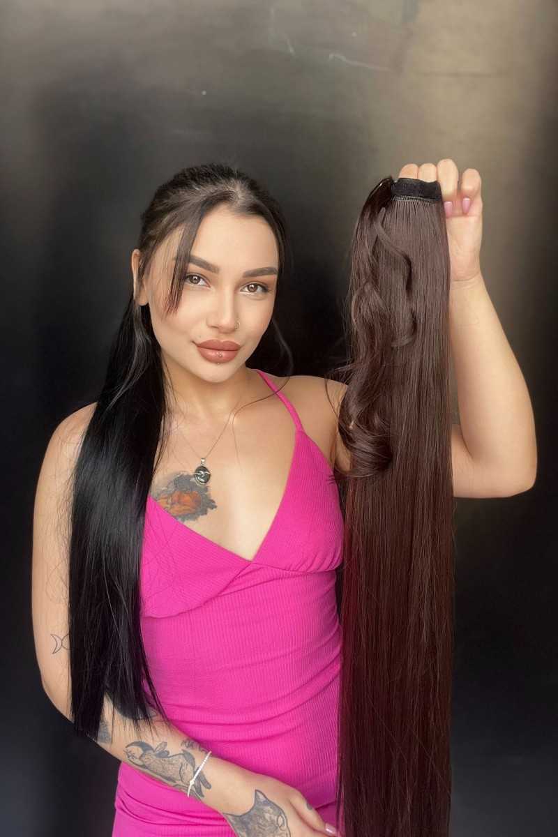 Cırtcırt Bağcıklı Tak çık Düz uzun at kuyruğu Mokka kahve