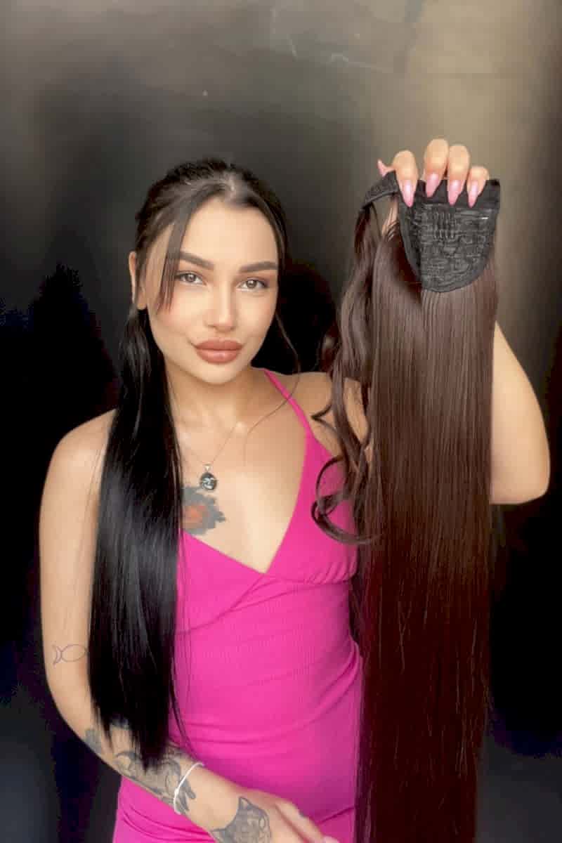 Cırtcırt Bağcıklı Tak çık Düz uzun at kuyruğu Mokka kahve