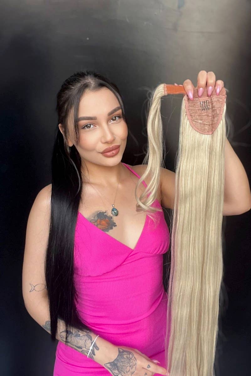 Cırtcırt Bağcıklı Tak çık Düz uzun at kuyruğu küllü sarı