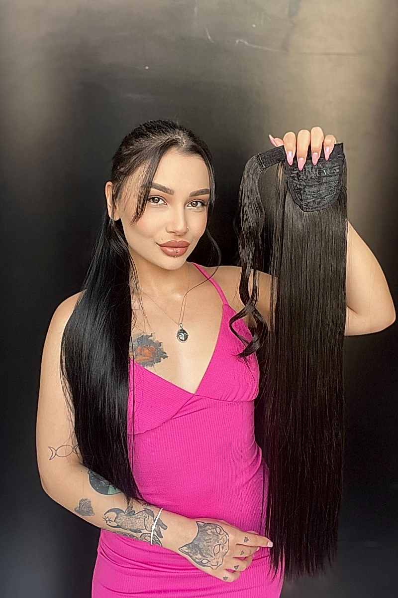 Cırtcırt Bağcıklı Tak çık Düz uzun at kuyruğu Doğal kestane