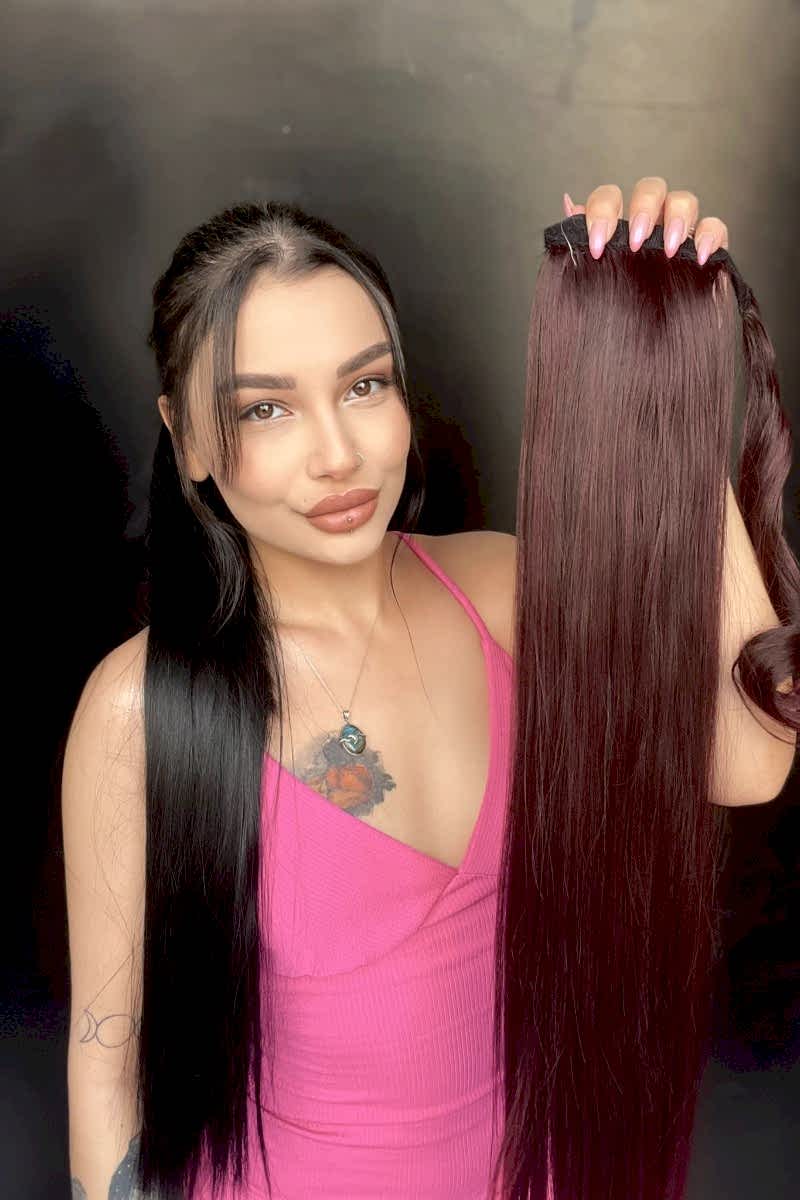 Cırtcırt Bağcıklı Tak çık Düz uzun at kuyruğu Koyu kızıl