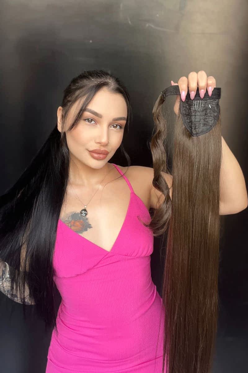 Cırtcırt Bağcıklı Tak çık Düz uzun at kuyruğu Koyu kumral