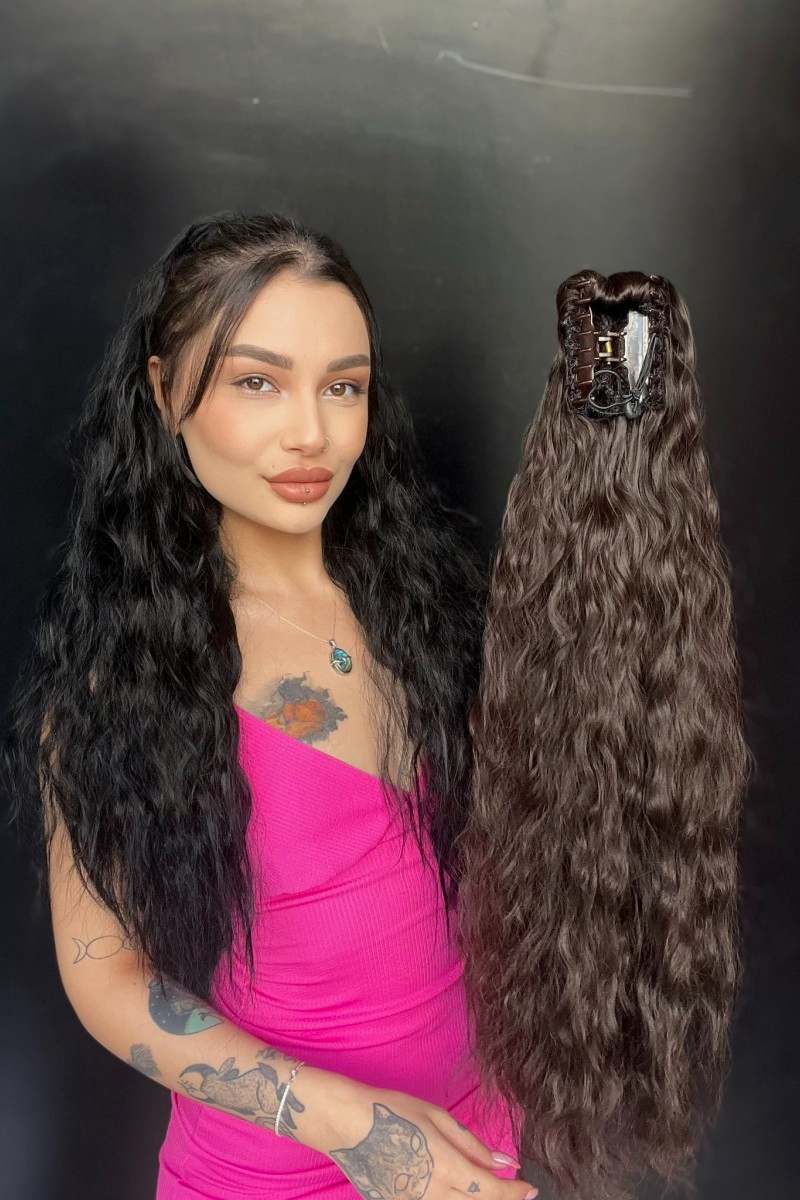 Afro Kıvırcık Postiş At kuyruğu mandalllı Koyu kestane