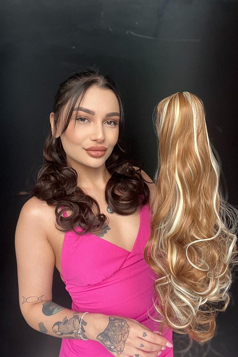 Mandallı Postik Toka At kuyruğu 55 cm Dalgalı fönlenebilir Karamel Sarı