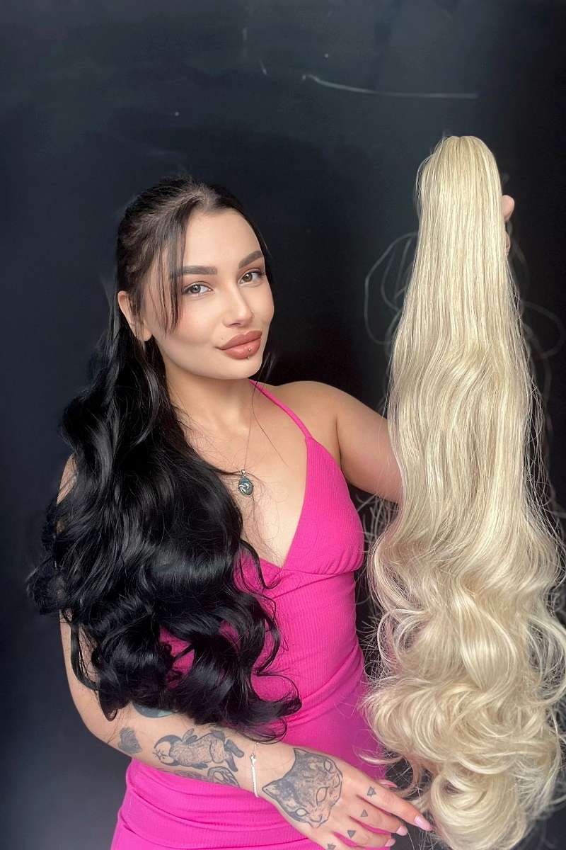 80 cm Ekstra Uzun At kuyruğu Tokalı Postiş Küllü Platin