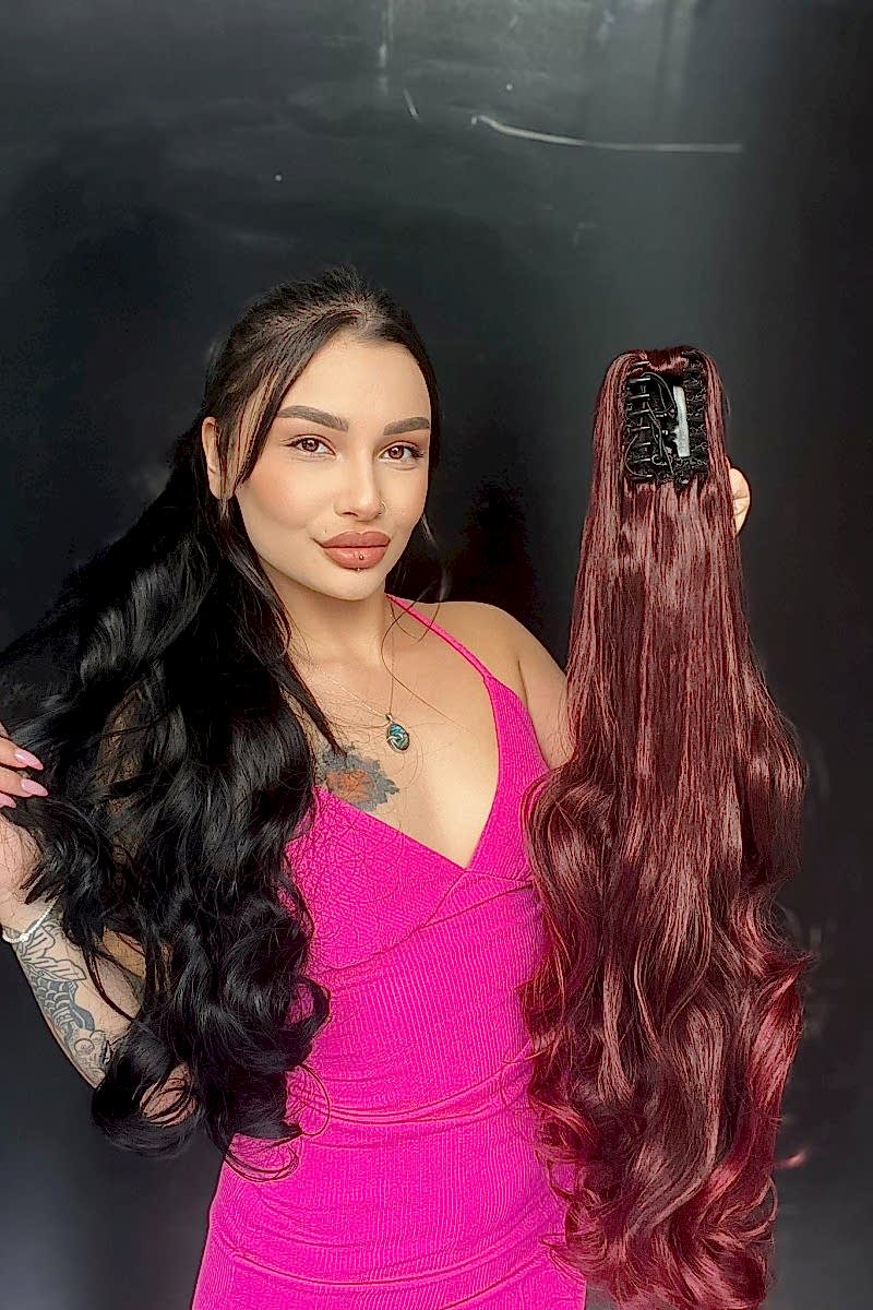 80 cm Ekstra Uzun At kuyruğu Tokalı Postiş Koyu Kızıl