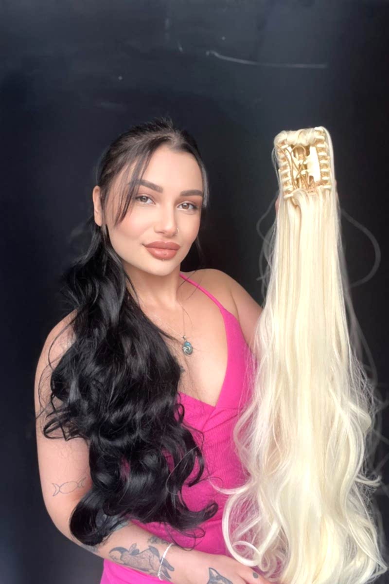 80 cm Ekstra Uzun At kuyruğu Tokalı Postiş Açık Platin