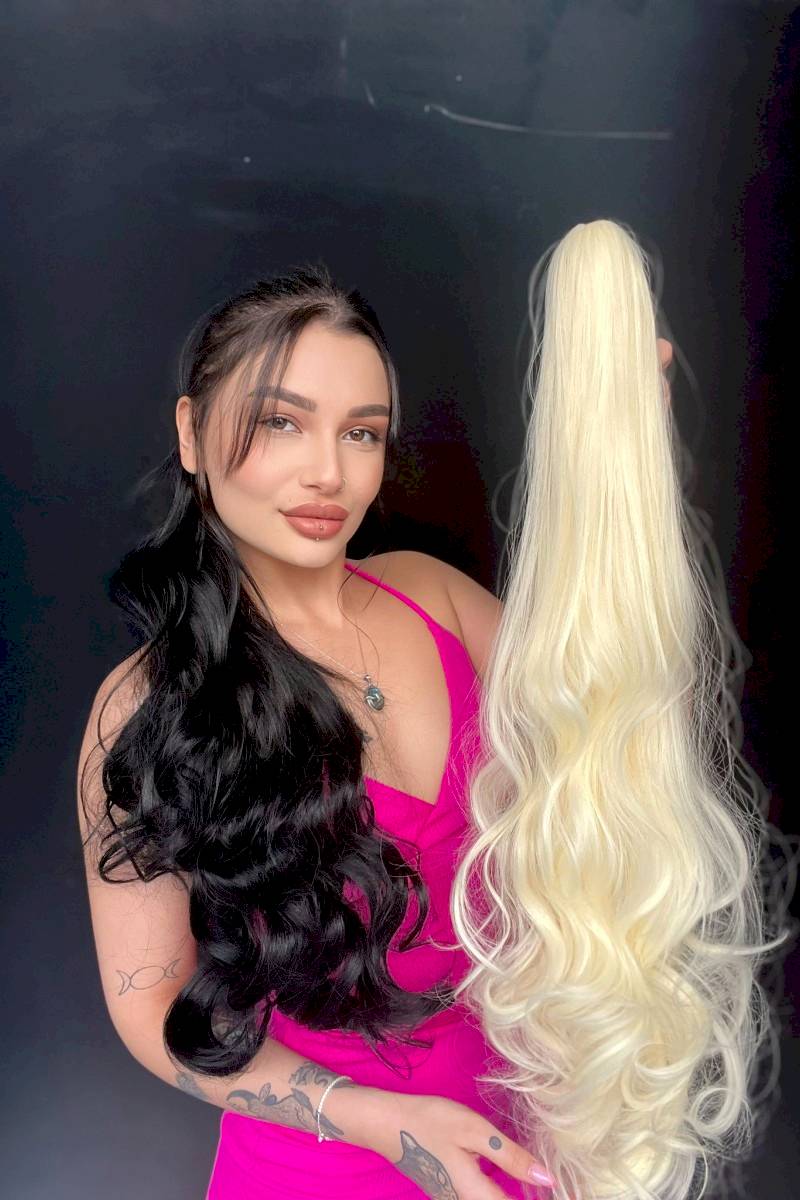 80 cm Ekstra Uzun At kuyruğu Tokalı Postiş Açık Platin