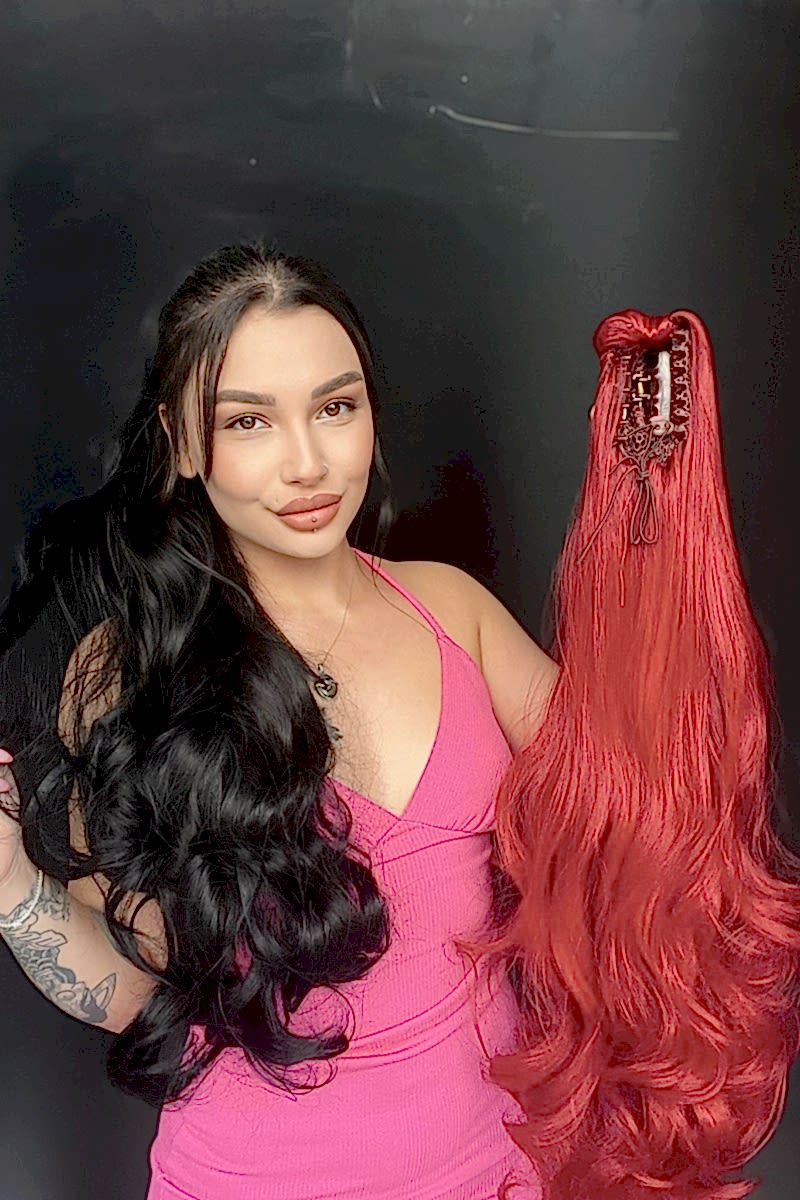 80 cm Ekstra Uzun At kuyruğu Tokalı Postiş Canlı Kızıl