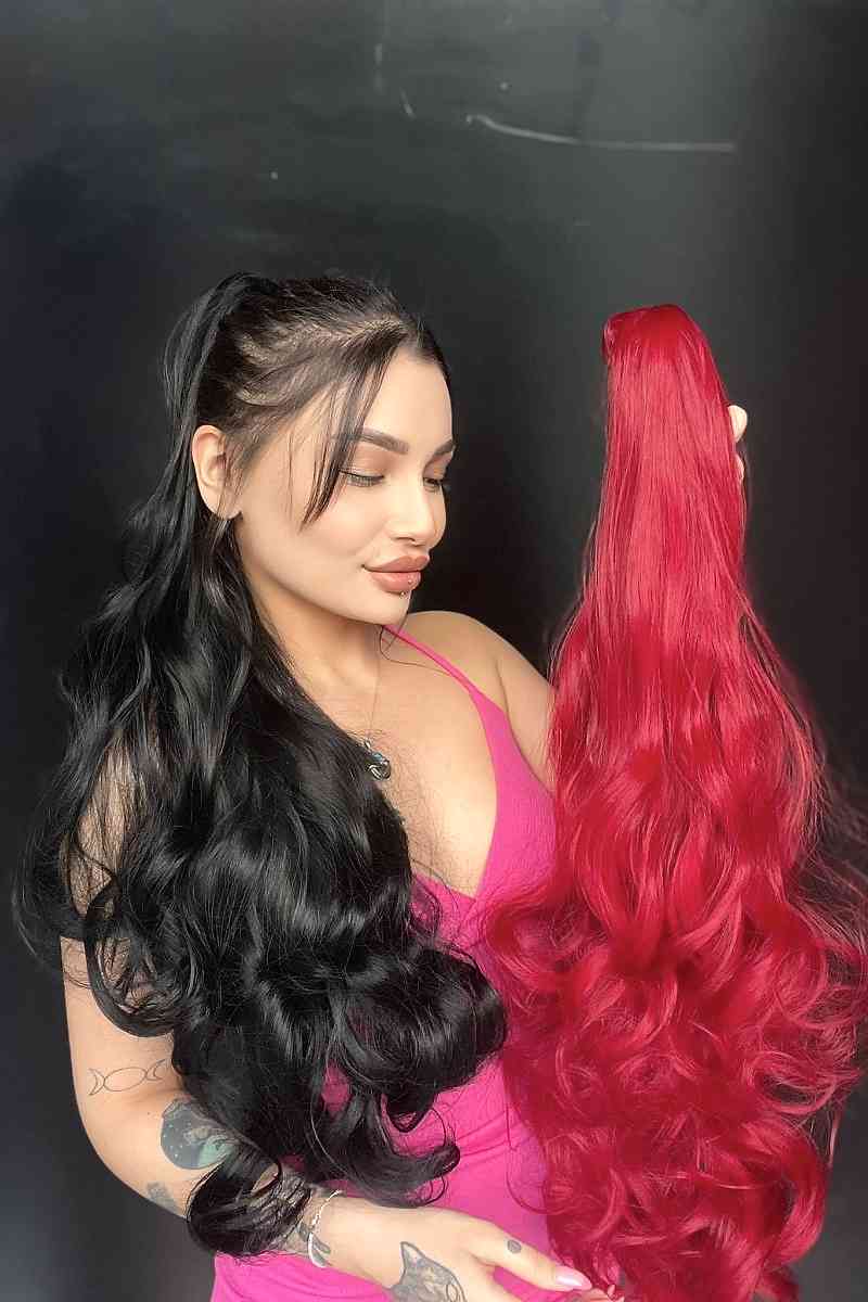 80 cm Ekstra Uzun At kuyruğu Tokalı Postiş Canlı Kızıl