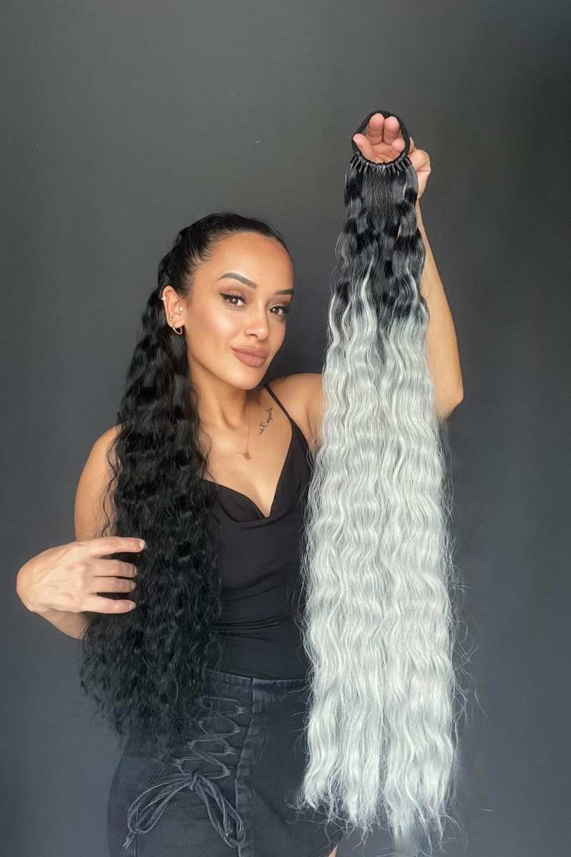 Lastikli Afro Kabarık Dalgalı At kuyruğu Siyah Gri