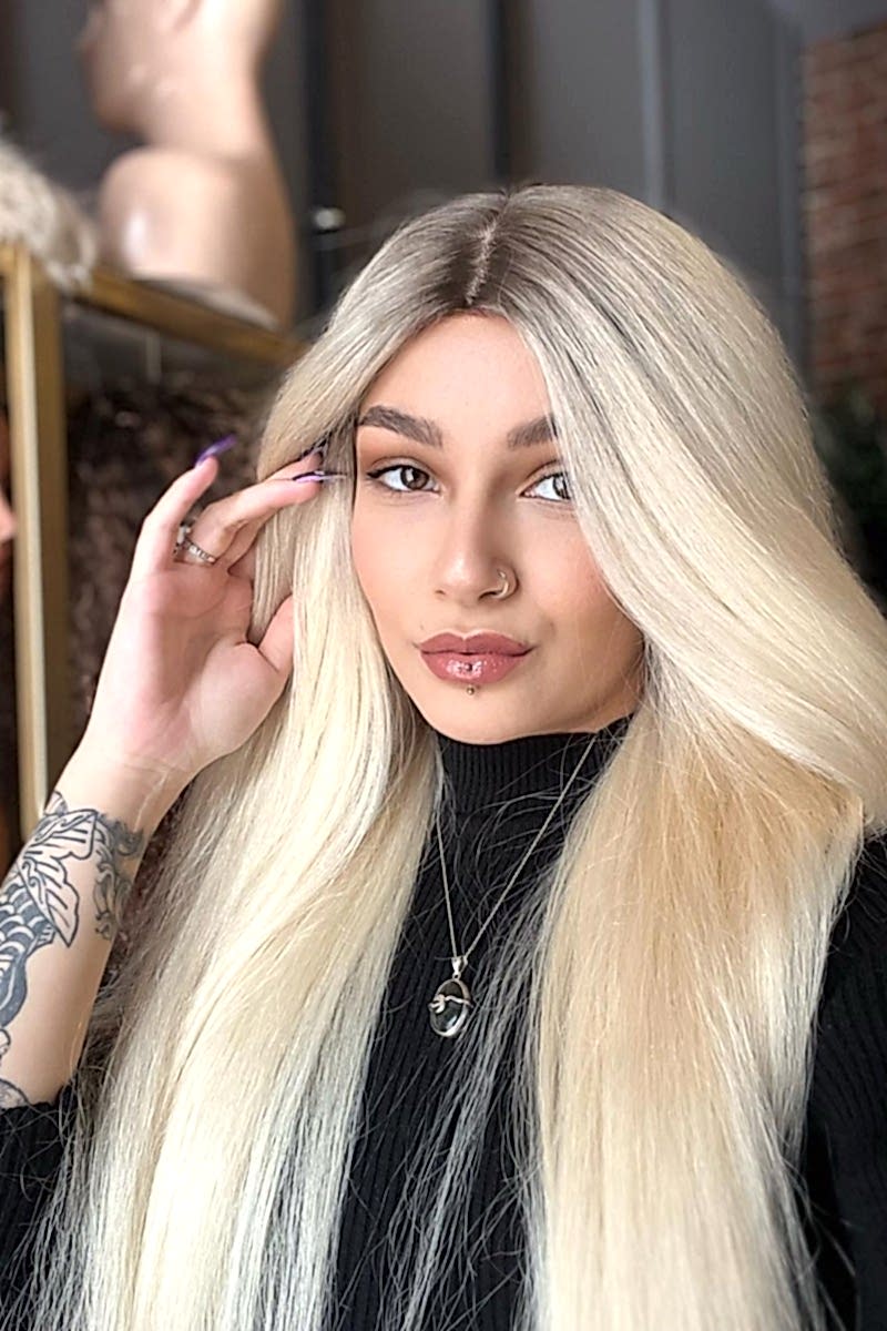 Baby ipek tabanlı Gerçek saç peruk Platin