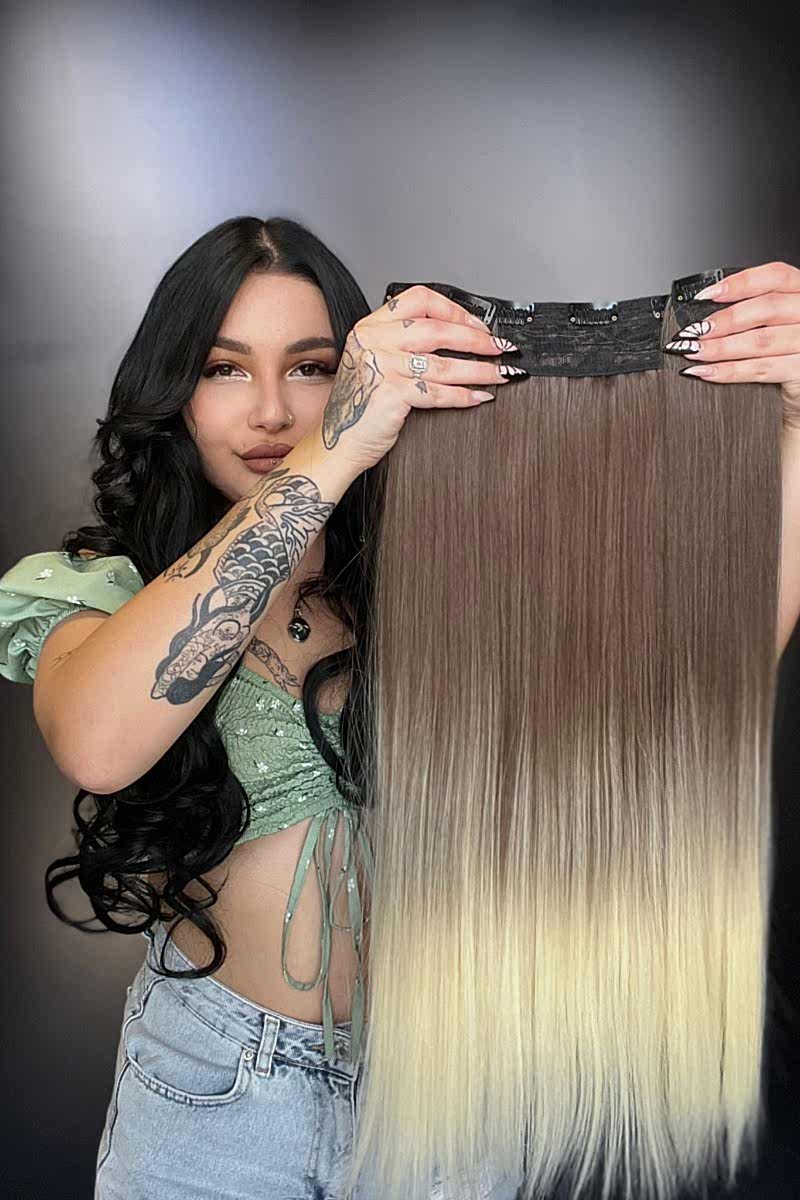 Düz Yarım Ay + 2 Yan Çıt Çıt - Küllü Kumral Ombreli