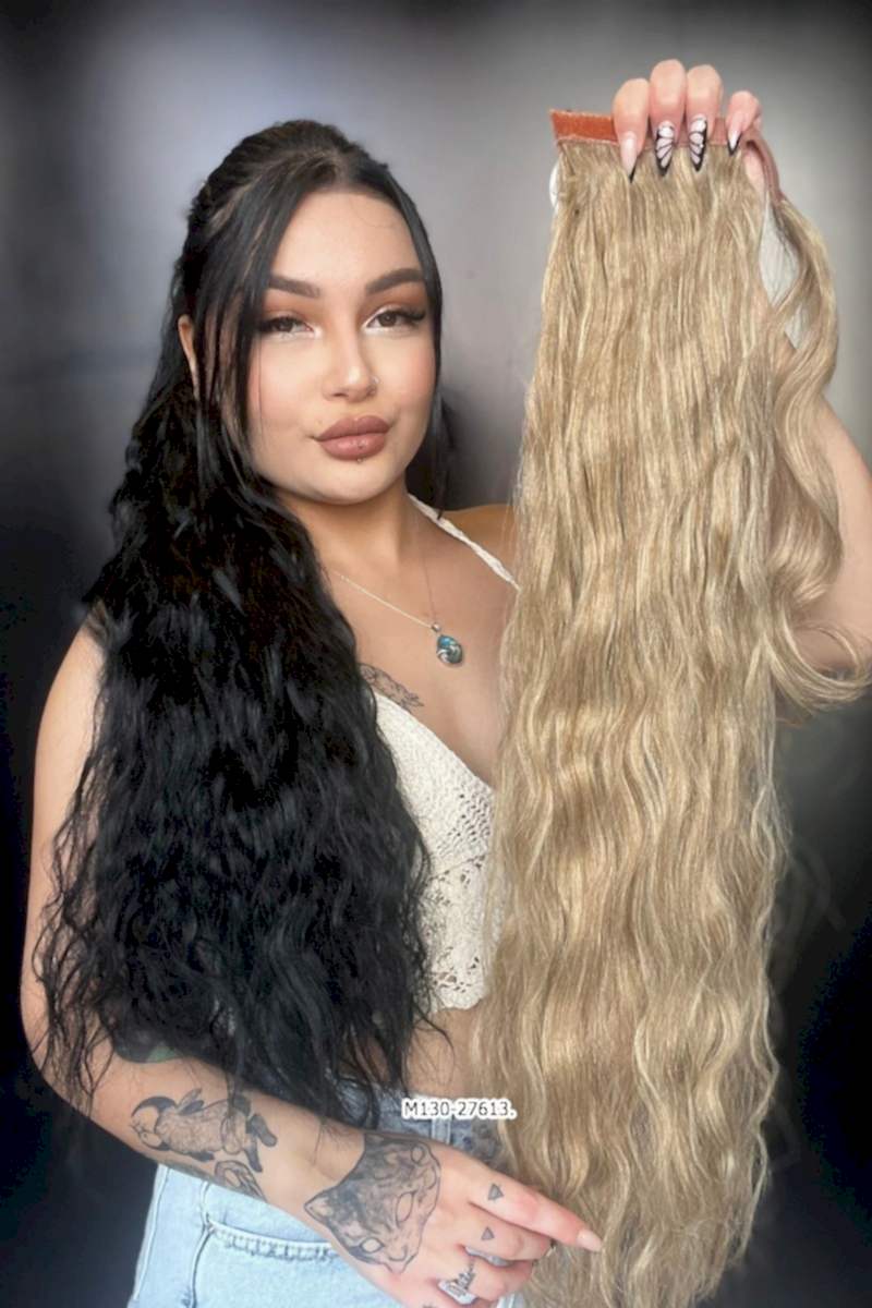 70 cm Bağlamalı Kabarık Dalgalı At Kuyruğu - Karamel Platin Röfleli