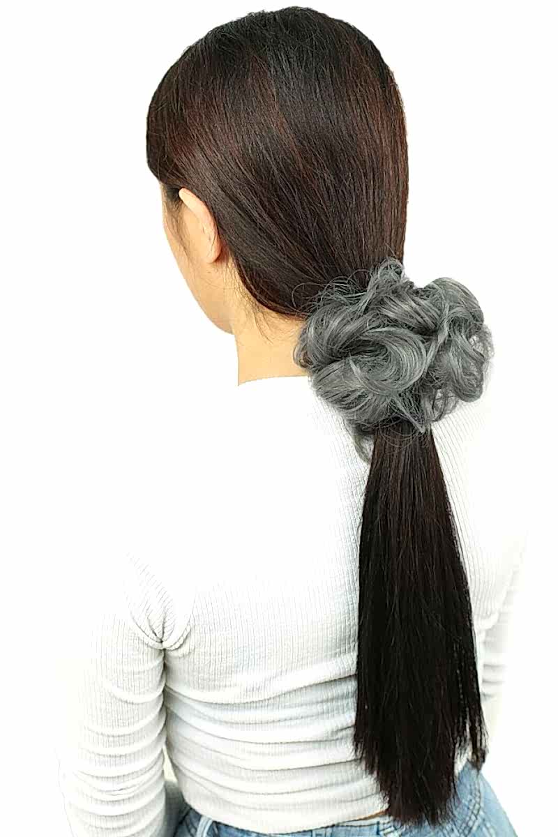 Saçlı Lastikli Topuz Toka - Gri