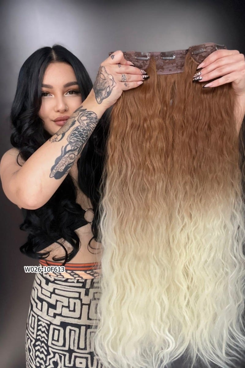 Afro Dalgalı Yarım Ay + 2 Yan Çıt Çıt - Kumral Platin Ombreli