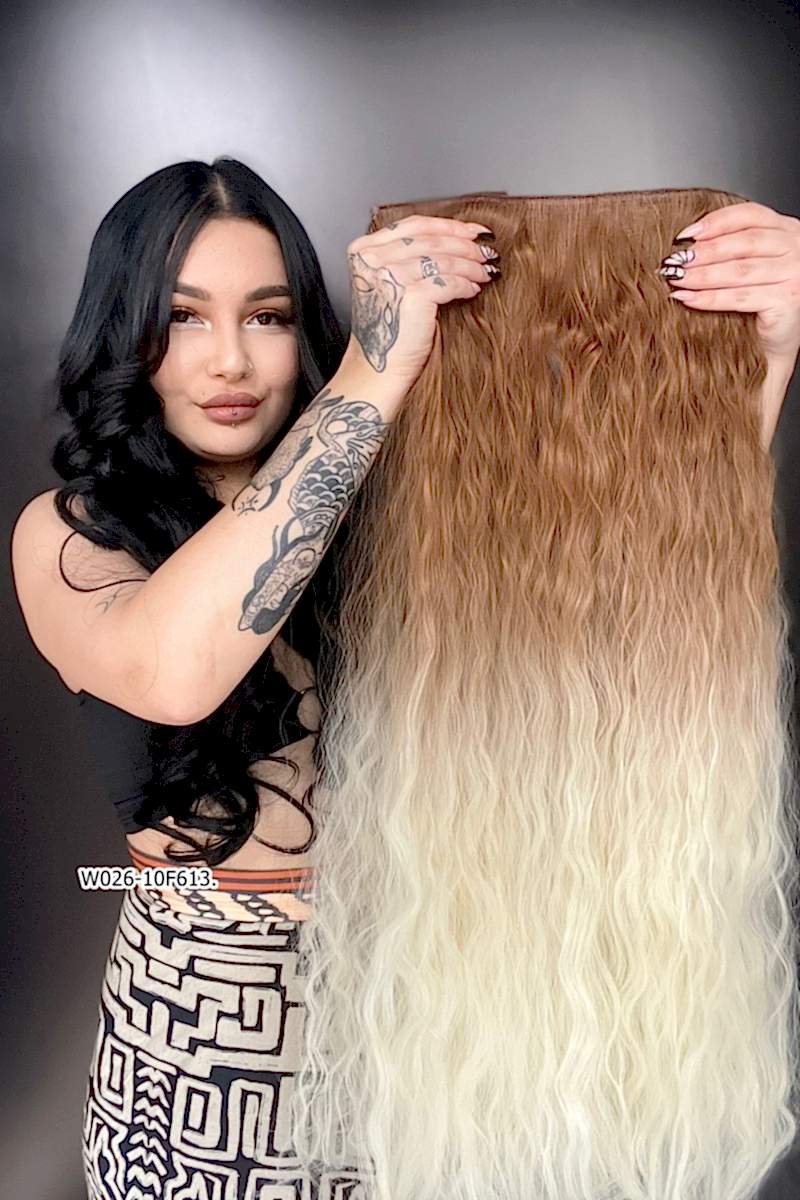 Afro Dalgalı Yarım Ay + 2 Yan Çıt Çıt - Kumral Platin Ombreli