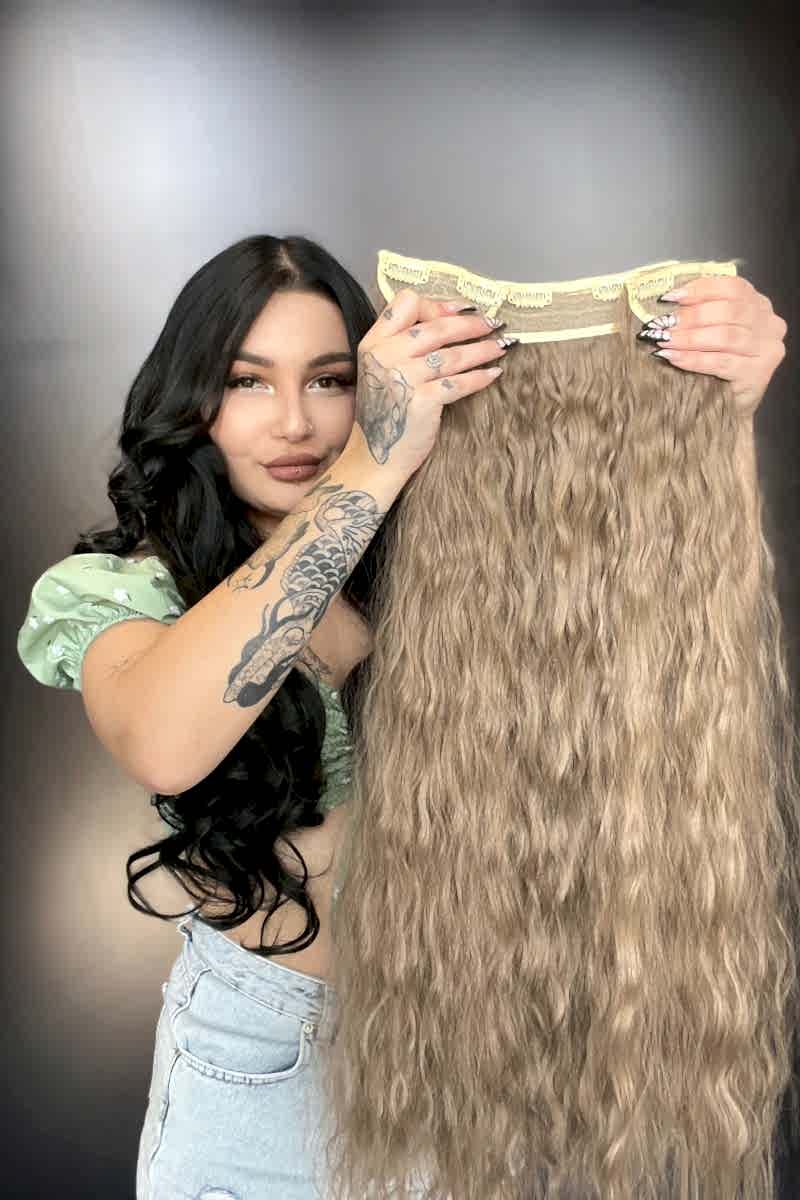 Afro  Dalgalı Yarım Ay + 2 Yan Çıt Çıt - Kumral Beyaz Platin Röfleli