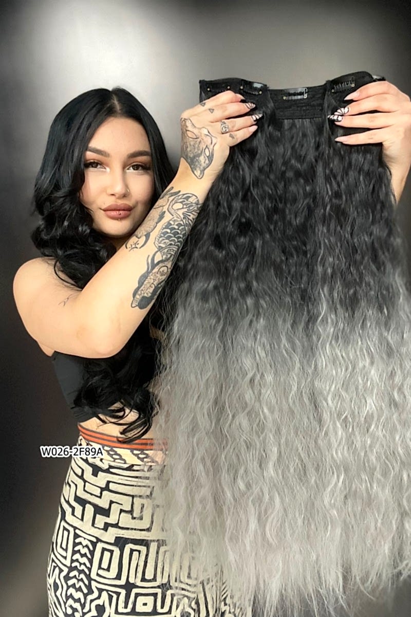 Afro Dalgalı Yarım Ay + 2 Yan Çıt Çıt - Siyah Gri Ombreli