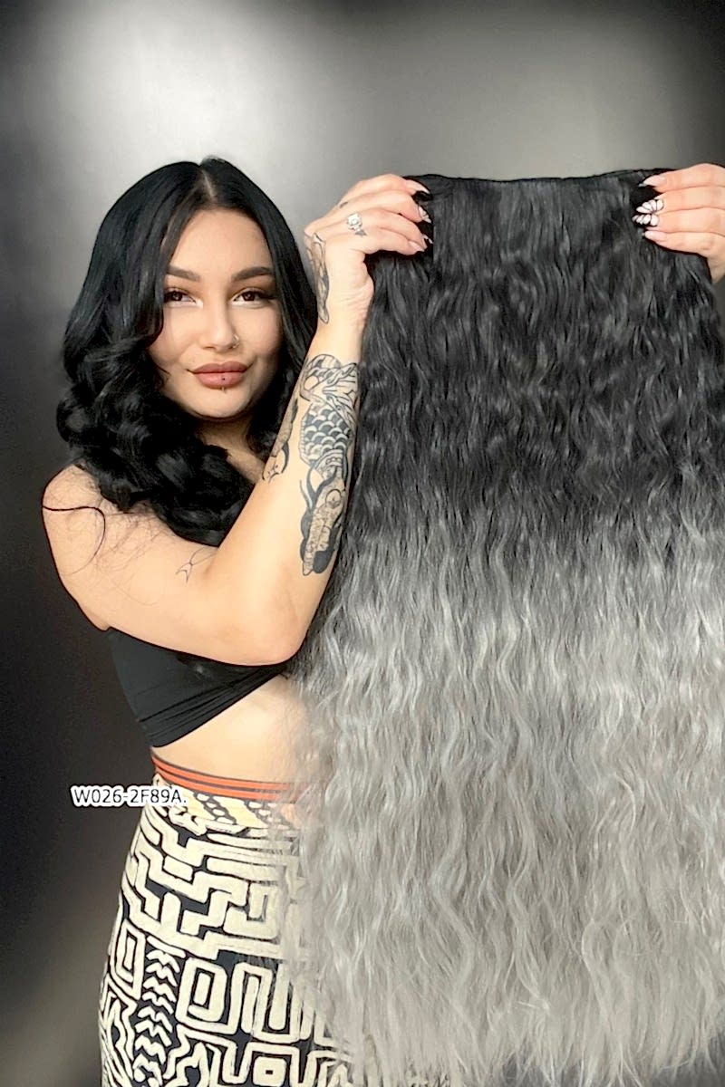 Afro Dalgalı Yarım Ay + 2 Yan Çıt Çıt - Siyah Gri Ombreli