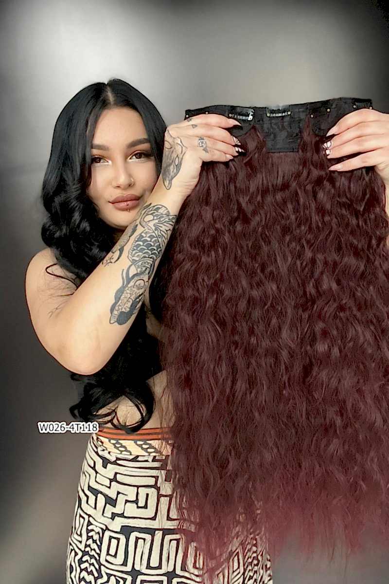 Afro Dalgalı Yarım Ay + 2 Yan Çıt Çıt - Koyu Kızıl