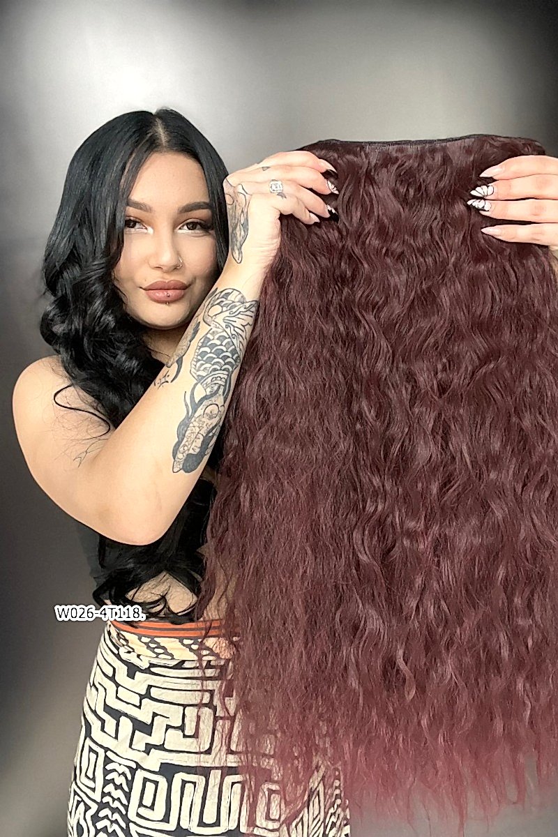 Afro Dalgalı Yarım Ay + 2 Yan Çıt Çıt - Koyu Kızıl