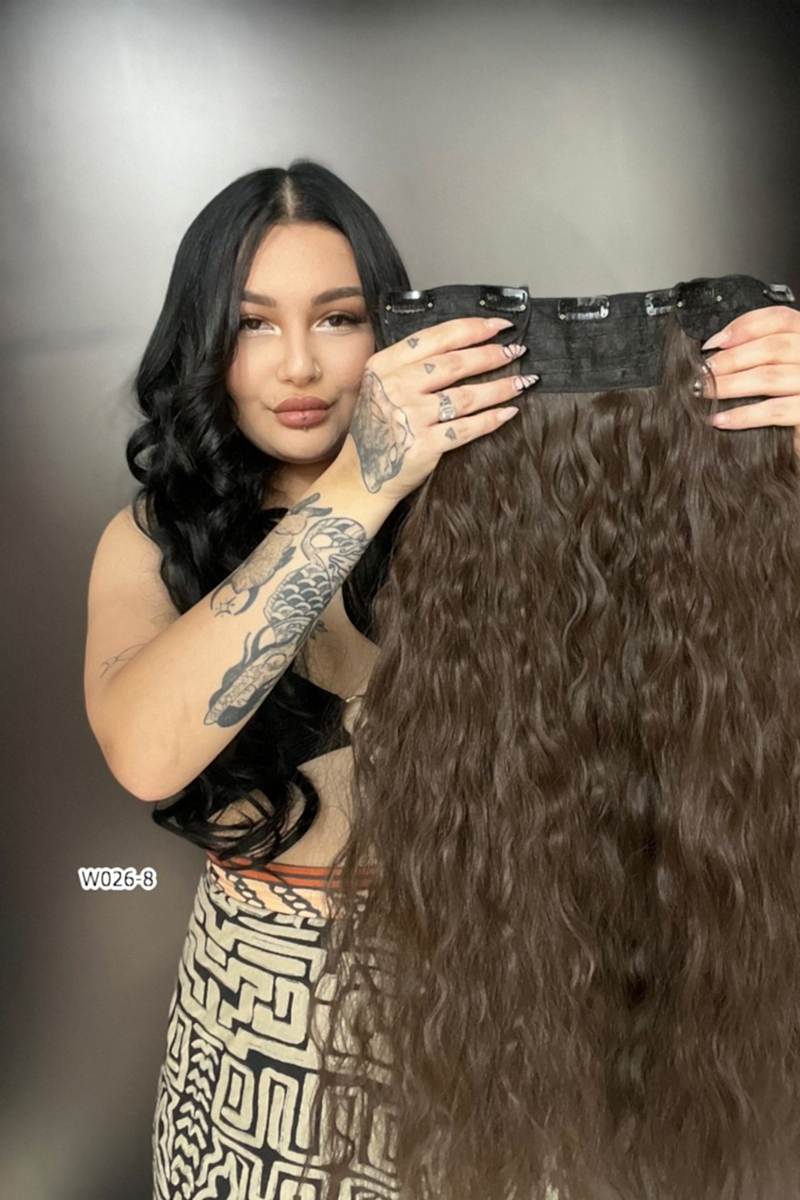 Afro Dalgalı Yarım Ay + 2 Yan Çıt Çıt - Açık Kahve