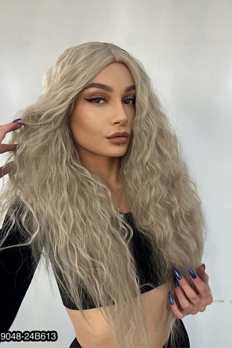 Kabarık Dalgalı Uzun Fiber Sentetik Peruk - Balköpüğü / Platin Röfleli